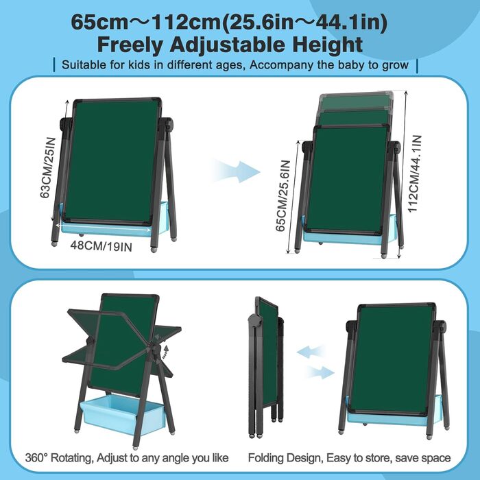 Дитяча мольберт Kinderstaffelei: двосторонній, металевий, регульований по висоті, 360° обертання, дошка для малювання та письма з літерами та цифрами (чорний)