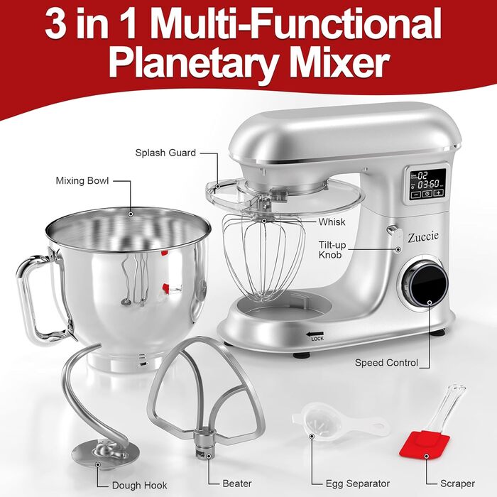 Кухонна машина 1500W 8L з 6 швидкостями, функцією ферментації та LCD-дисплеєм. Комплектується міксером, гаком для тіста та вінчиком (срібна)