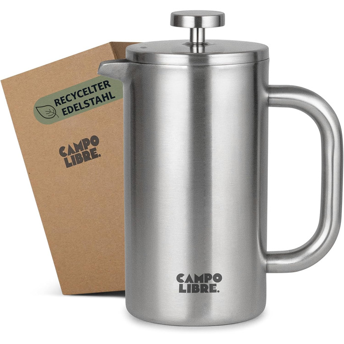 Френч-прес Campo Libre® Giorgio з нержавіючої сталі 0.6л (600мл) з термофункцією | Без пластику, з фільтром | Екологічний, з переробленої сталі
