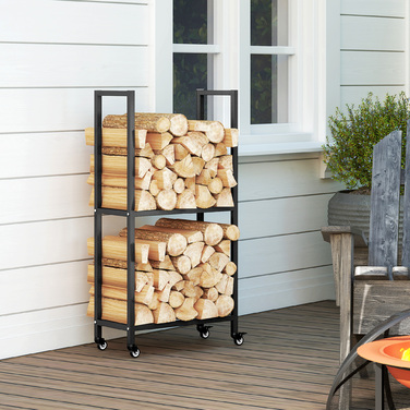 Стильна полиця для дров Outsunny з металу, 60 x 30 x 119 см, 2 яруси, з колесами, чорного кольору