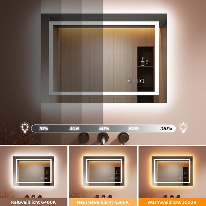 Дзеркало для ванної кімнати LOMIKEN з підсвічуванням, 60x50x3,5 см, LED, 6400K, 3 колірні температури, антивідблиск, вертикальна/горизонтальна установка