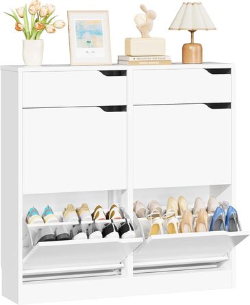 Шкаф для взуття IRONCK з 4 дверцятами, вузький, з 2 висувними ящиками, окремо розташований, з регульованими перегородками, для передпокою, входу та вітальні (Білий) 100*23.5*98 см, Білий