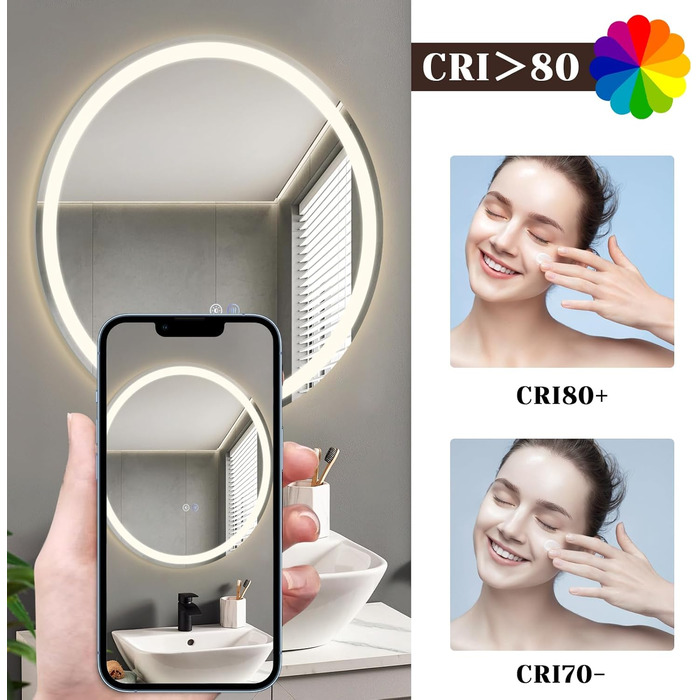 Дзеркало для ванної кімнати Mursche з підсвічуванням LED, 50x70 см, IP44, сенсорний вимикач, годинник, антизапарник, регулювання яскравості 3000K-6500K