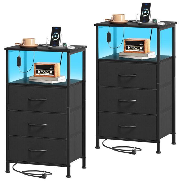 Нічний столик Somdot з підзарядкою, LED, розеткою (USB, Type-C) для спальні, вітальні, дитячої кімнати, чорний, 30x40x60/72 см (2/3 ящики)