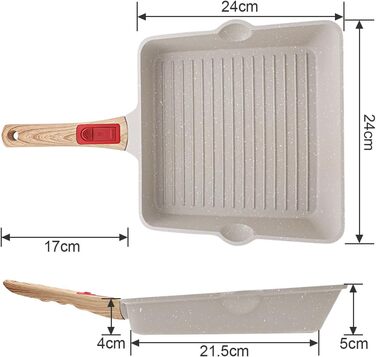 Сковорода-гриль AIKENBBKK 24x24 см з знімним ручками, антипригарне покриття, для стейків, сумісна з духовкою, миється в посудомийній машині (біла)