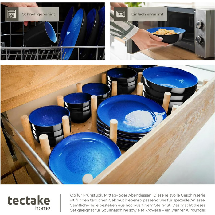 Набір посуду tectake® 30tlg. для 6 осіб, керамічний, з тарілками, мисками та чашками, придатний для миття в посудомийній машині та використання в мікрохвильовці - (24 шт., Nautic Blue)