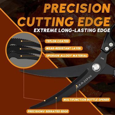 Набір кухонних ножиць Dream Reach Silver: універсальні ножиці з нержавіючої сталі для м'яса, птиці, риби та овочів (Чорний & Чорний)