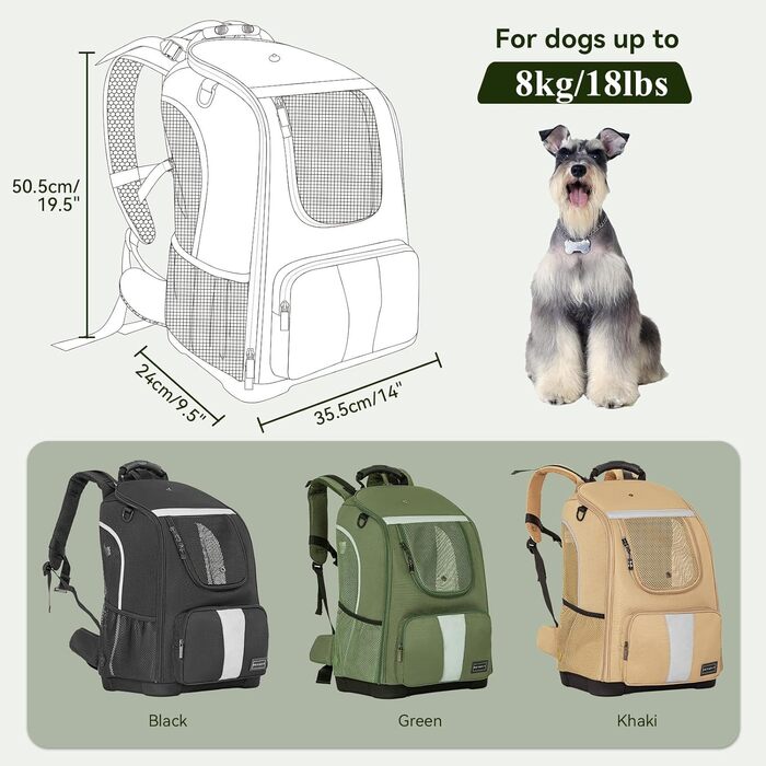 Рюкзак для собак Petsfit до 8 кг, дихаючий, котячий рюкзак для прогулянок (оливково-зелений)