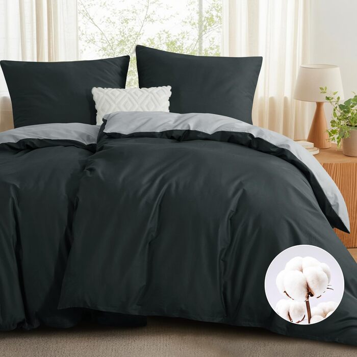 Комплект постільної білизни RUIKASI 135x200 з бавовни (4 частини) - сірий, двоколірний комплект з блискавкою, антрацит та світло-сірий, 135x200 см