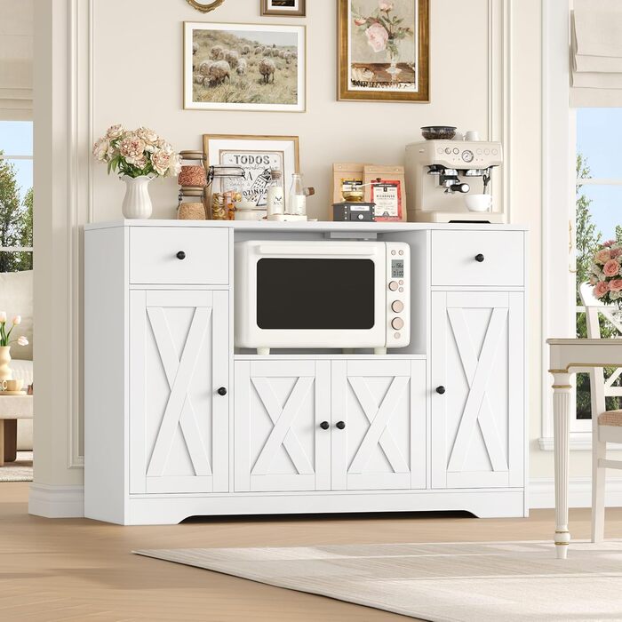 Білий комод для кухні HOCSOK 120 см з полицями, мікрохвильовою печиркою та розеткою. Комод для кухні, вітальні, їдальні (120x85x40 см)