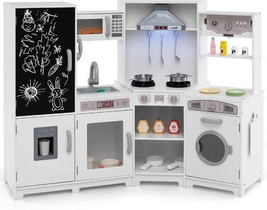 Детська дерев'яна кухня COSTWAY з підсвіткою та звуком, кутова кухня з табло, мікрохвильовою піччю, раковиною, духовкою та місцем для зберігання, з аксесуарами, іграшкова кухня для дітей від 3 років (біла)