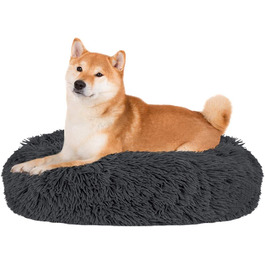 Ліжко для собак SlowTon з пухнастим пончиком для маленьких собак, миється плюшеве кругле ліжко для кішок, м'яка затишна затишна подушка з бавовни з нековзним дном для домашніх тварин середнього розміру XL (діаметр 80 см) темно-сірого кольору