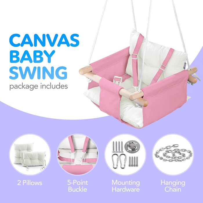 Дитяча гойдалка Cateam з дерева для дому та саду. Безпечний ремінь, від 12 місяців. Різні кольори, рожева.