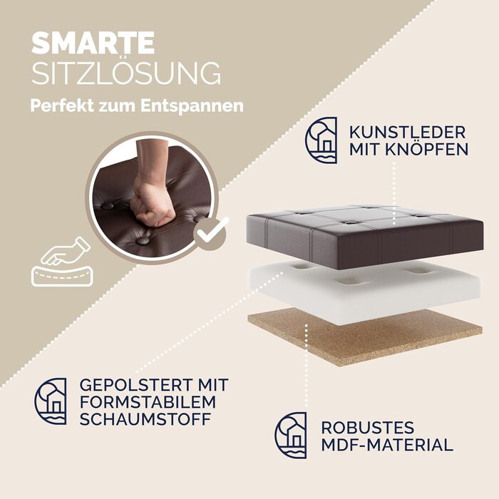 Пуф Casaria® з місцем для зберігання, білий, складний, з м'яким сидінням, 38x38 см. Підходить для спальні, вітальні, передпокою.