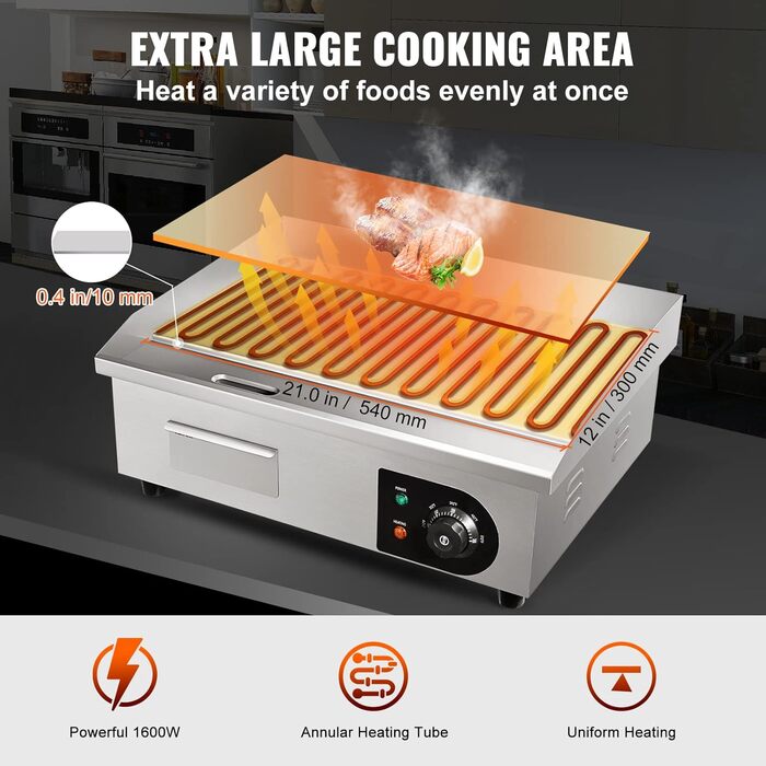 Електричний гриль VEVOR 54 x 30 см, 3000W, з регулюванням температури 50-300°C, для комерційного використання, легко чиститься