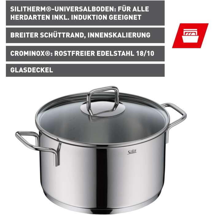 Набір кухонного посуду Silit Extra Cook: каструлі 16/20/24 см з кришками, ковшик 16 см, внутрішня шкала, широкий зливний край, придатний для миття в посудомийній машині, з нержавіючої сталі Crominox