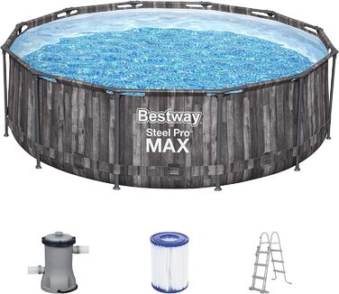 Каркасний басейн Bestway Steel Pro MAX Комплектація з фільтруючим насосом Ø Wood Look (морений дуб), круглий (366 х 100 см, комплект з ґрунтовим листом)