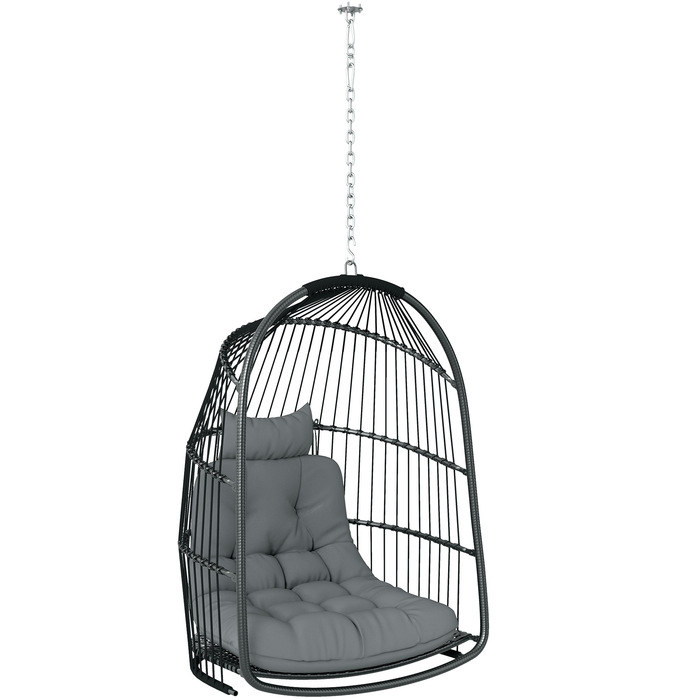 Підвісне крісло Підвісний кошик з подушкою Poly Rattan Swing Зовнішнє складне підвісне крісло з навантаженням до 150 кг Підвісне гойдалка Плетене підвісне крісло для вітальні Балкон Тераса Темно-сірий | Аосом