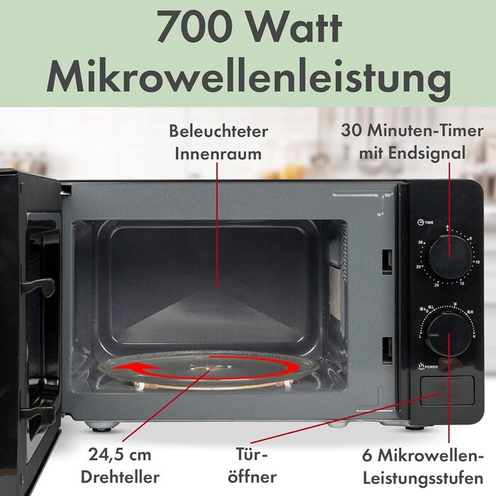 Клатронічна мікрохвильова піч з варильною камерою 20 л і освітленням варильної камери Мікрохвильова піч з 6 рівнями потужності Мікрохвильова піч з таймером на 30 хвилин Мікрохвильова піч з поворотним столом Ø24,5 см 700 Вт MW 791 чорний
