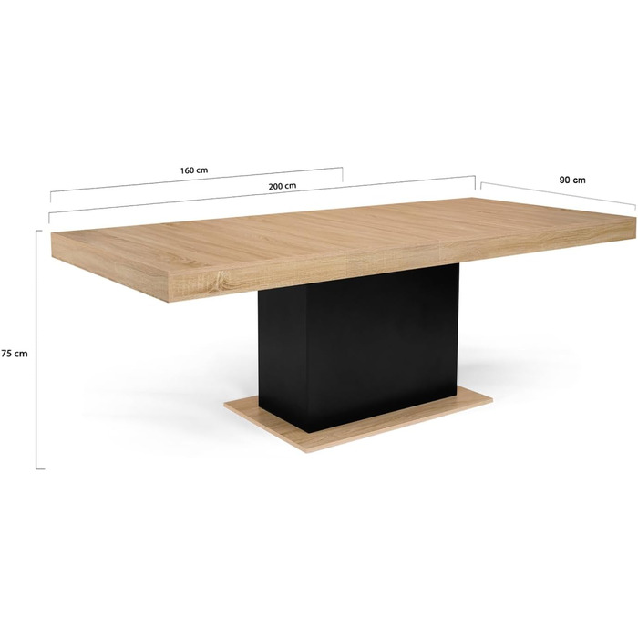 Розсувний обідній стіл Eden, прямокутний, для 6-10 осіб, дерево та чорний колір, 160-200 см