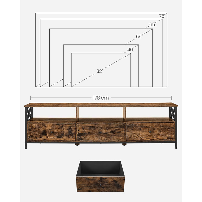 Тумба під телевізор VASAGLE до 80 дюймів, низька, з 3 шухлядами та 3 відкритими полицями, вітальня, металевий каркас, коричнево-чорний, 178x40x50 см
