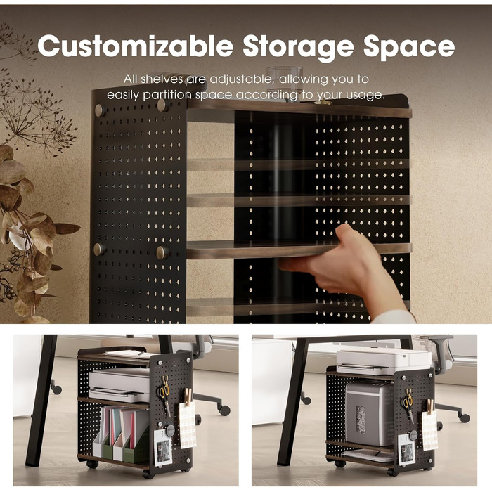 Робочий стіл для принтера Fenge з колесами, мобільний тримач для принтера з перфорованою панеллю, 3 рівні, стійка для принтера/рол-контейнер з органайзером, полиця, шафа для офісу та дому, 45,3x33,5x53,5 см (Коричневий+Чорний)