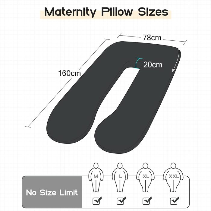 Подушка для вагітних W&D's Dream 160 см XXXL, подушка для годування, U-подібна форма, сіро-темний колір, 160*78 см