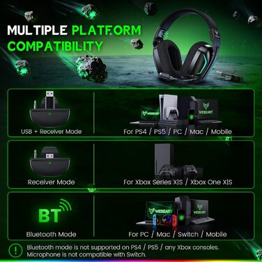 WG1 Бездротові навушники Bluetooth з мікрофоном для ігор, сумісні з PS5, PS4, PC, Switch, Mac, з LED-підсвічуванням, шумозаглушенням та 50 годин автономної роботи, сатиново-білі (сумісні з Xbox)