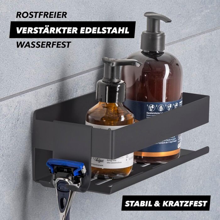 Набір душових поличок BENKSTEIN (2 шт.) | Регульована поличка для душу без свердління | Корзина для душу з кріпленням без свердління | Тримач для гелю для душу та шампуню | Організатор для ванної кімнати, поличка для душу (на клей, чорний)