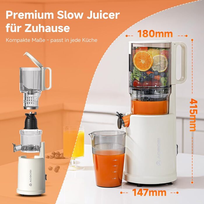 AOBOSI Швидкий соковитискач з великою завантажувальною воронкою 135 мм, 200 Вт, холодний віджим, соковитискач із функцією зворотного ходу та потрійним фільтром, BPA-free, тихий, ідеальний для свіжого соку з фруктів та овочів (45 мм, темно-синій)