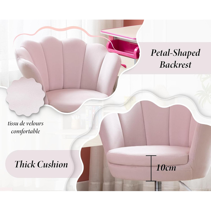 Дитячий стіл-крісло регульоване, поворотне, з м'якою оббивкою з велюру, квітка, зручне офісне крісло для дівчаток, рожеве