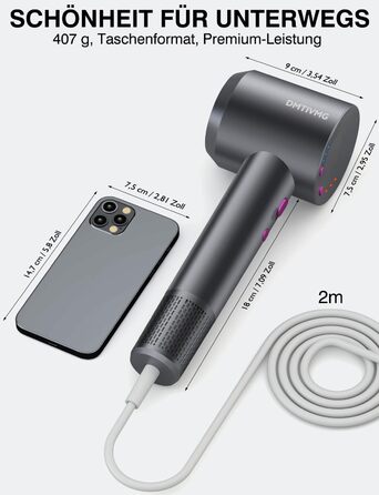 Іонний фен для волосся з високошвидкісним безщітковим двигуном 160 000 об/хв, 500 млн негативних іонів, 12 режимів, магнітна насадка, низький рівень шуму