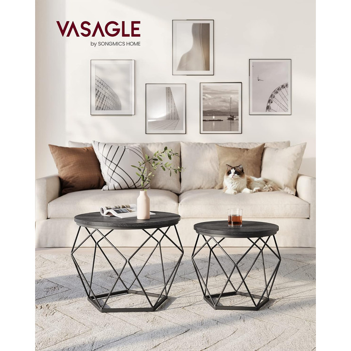 Журнальний столик VASAGLE круглий, набір з 2 шт. , стіл для вітальні, журнальний столик, вінтажний стиль, знімна стільниця, для вітальні, сіро-чорний LET040B02 (чорний)