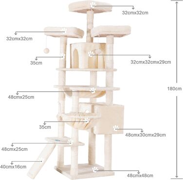 Кігтеточка Hey-brother 180 см XXL, стайня з сизалевою мотузкою, дошка для когтеточок, кошик, 3 платформи, 2 будиночки, бежева