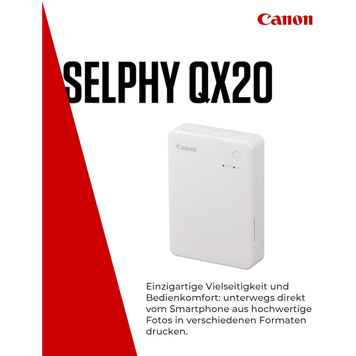 Canon Selphy QX20 – Портативний принтер для фотографій з Wi-Fi, термосублімаційний друк, USB-C зарядка, білий (без чорнил/паперу)