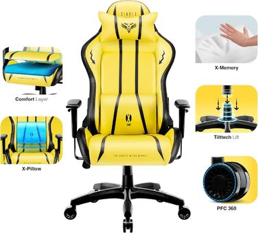 Ігровий крісло Diablo X-One 2.0 з регульованими підлокітниками, ергономічний дизайн, подушки для шиї та попереку, колір Electric Yellow