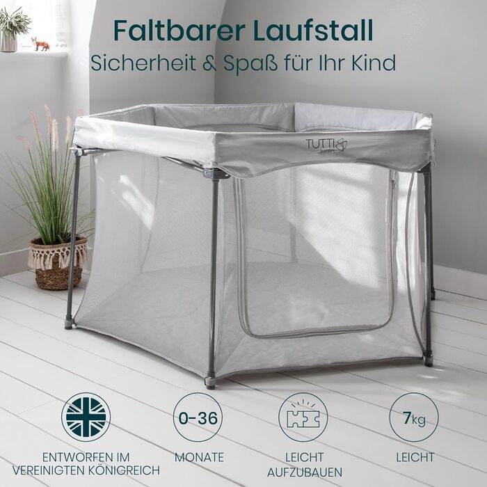 Дитячий манеж Tutti Bambini Laufstall - портативний, з сіткою 360°, швидко складається, з кишенькою та матом, 135x135x75 см (сріблястий)