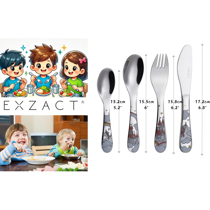 Набір столових приборів Exzact 6 шт. з нержавіючої сталі - дитячий посуд: тарілка, миска, ложка, виделка, ніж, столова ложка. Подарункова коробка (Wf712-4uni)