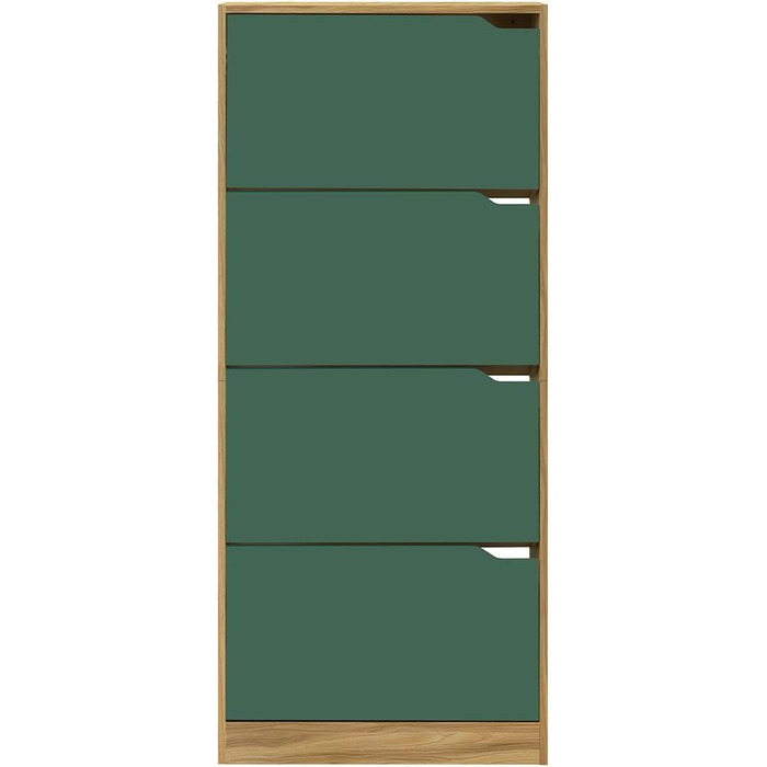 Взуттєва шафа BAKAJI з МДФ, 4 дверцята, відкидна полиця, врізні ручки, подвійна глибина, компактна, 63 x 24 x 150 см, для дому, зелений та дуб