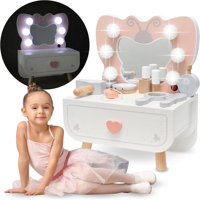 Детський туалетний столик Mamabrum XXL з дерева з пуфом та LED-дзеркалом – для дівчаток від 3 років, з ящиком та аксесуарами для макіяжу, ігровий набір та письмовий стіл (MAM242 DRESSING TAB)