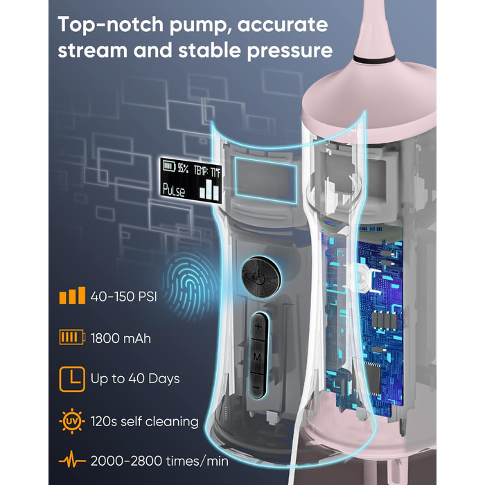 Портативна ірригатор MySmile LP221 UVC з бездротовим живленням, 335 мл, OLED-дисплей, 4 режими, 8 насадок, сумка для дому та подорожей (Соковитий Рожевий)