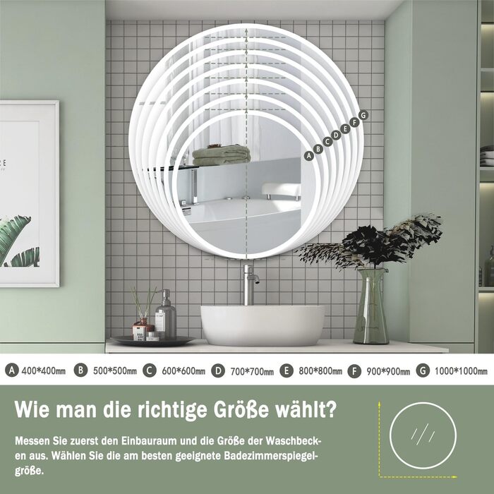 LED дзеркало для ванної кімнати Aica Sanitär, кругле, 50 см, з підсвічуванням (холодне/нейтральне/тепле світло), диммування, функція пам'яті, сенсорне управління, запобігання запотіванню, автоматичне вимкнення
