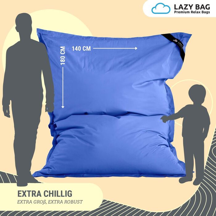 LAZY BAG Riesen-Sitzsack Classic XXL 140x180 см: великий крісло-мішок, 2-в-1 для сидіння та відпочинку | Зручний, з 4 млн EPS-кульок для ергономіки | Миючий знімний чохол з нейлону, блакитний