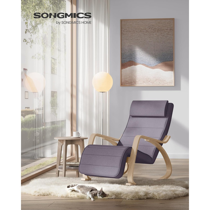 Крісло-гойдалка SONGMICS з підлокітниками з натурального дерева, регульована підставка для ніг, до 150 кг, для спальні/вітальні, темно-натуральний колір (сірий + натуральний, бавовна/поліестер)