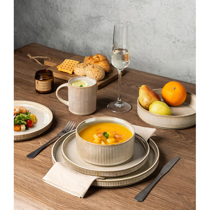 Набір посуду GBhome з каменю, 12 предметів, для 4 осіб, ручна робота, з реактивною глазур'ю, безпечний для мікрохвильової печі та посудомийної машини (Cappuccino, 6 чашок)