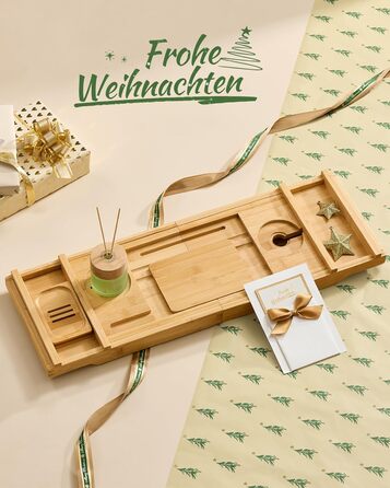 Полиця для ванни розкладна SONGMICS з бамбука 70-95.6 см, бежева - для книг, планшета, келиха, рушників