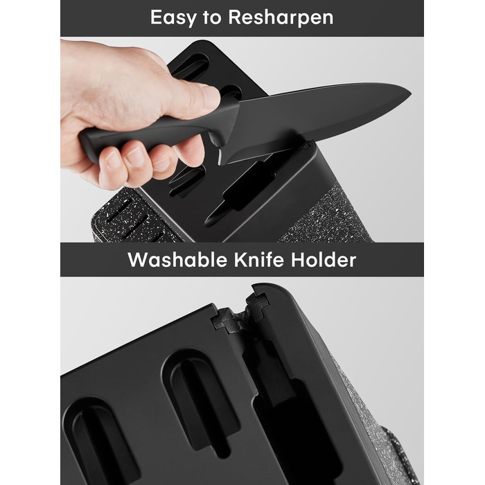 Набір ножів FOHERE 13 предметів з підставкою, нержавіюча сталь, з інтегрованим точилом, антипригарне покриття, ергономічні ручки, чорний граніт