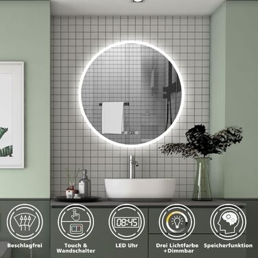 Круглий LED дзеркало для ванної кімнати 70 см з підсвіткою, сенсорне керування, протизапітніння, Alpha Series, холодне біле світло