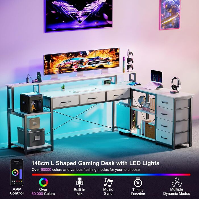 Кутовий стіл з ящиками, геймінговий стіл з розеткою, LED та підставка для монітора, 200 x 146 см, 7 тканинних ящиків, комп'ютерний стіл для офісу, робочого кабінету, спальні (Білий)