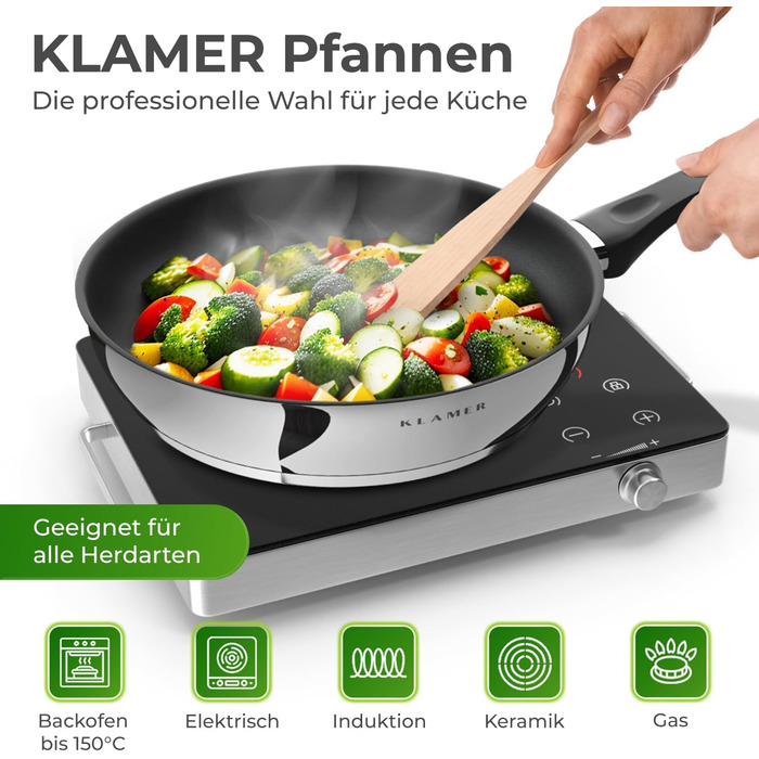 Сковорода-гриль KLAMER Induktion 28 см з нержавіючої сталі для стейків та тушкування